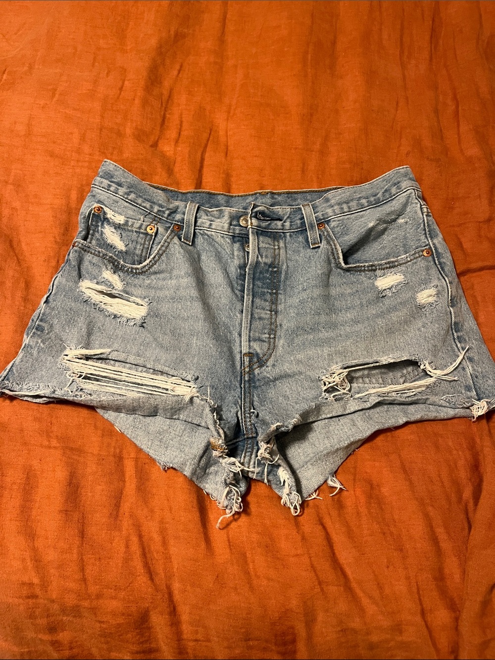 Levi Strauss High-Rise Distressed Denim Shorts in Light Blue